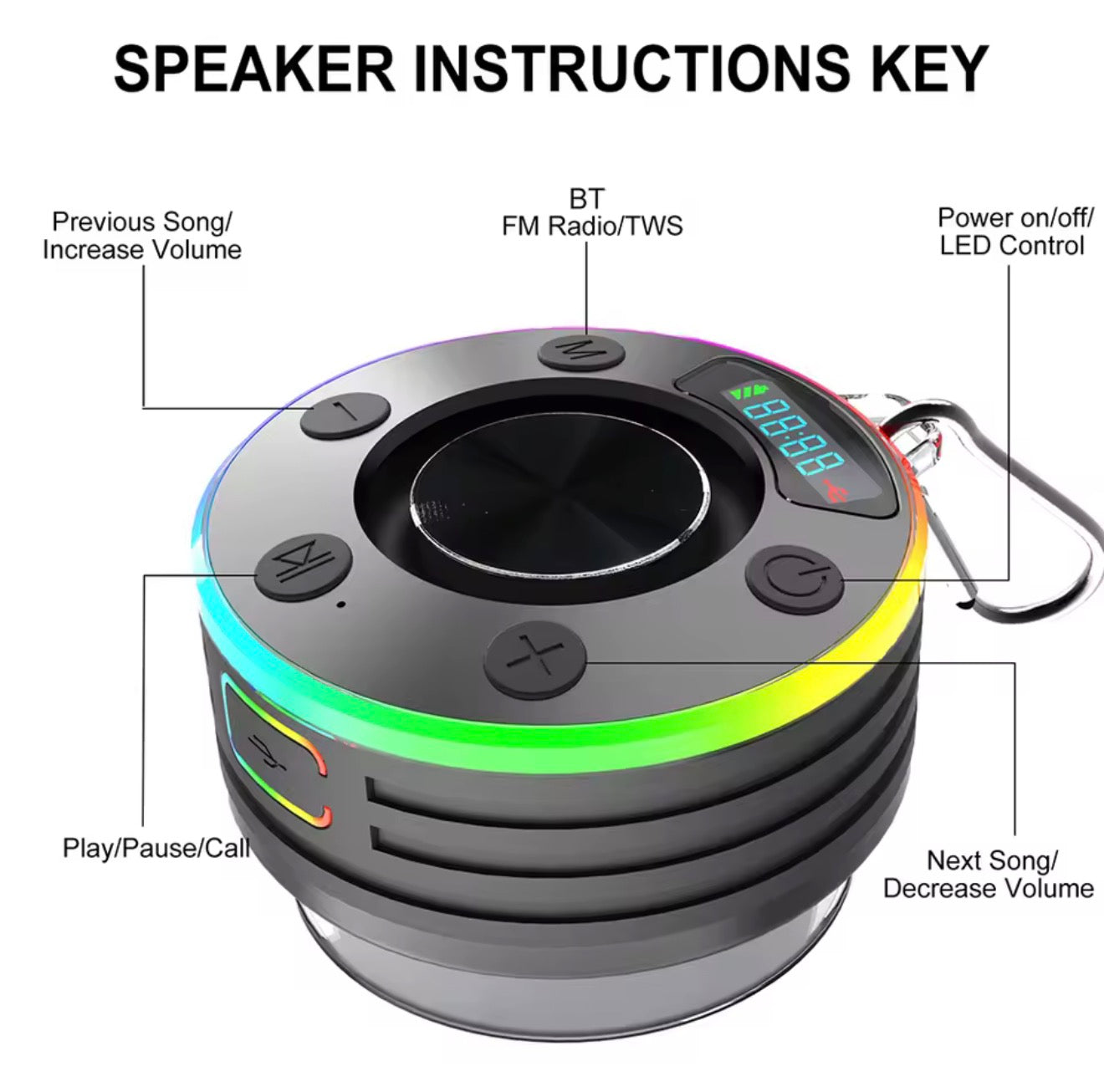 Bluetooth 5.3 Waterproof Shower Speaker with Suction Cup IPX7 for Beach Pool and Bathroom Use with FM Radio